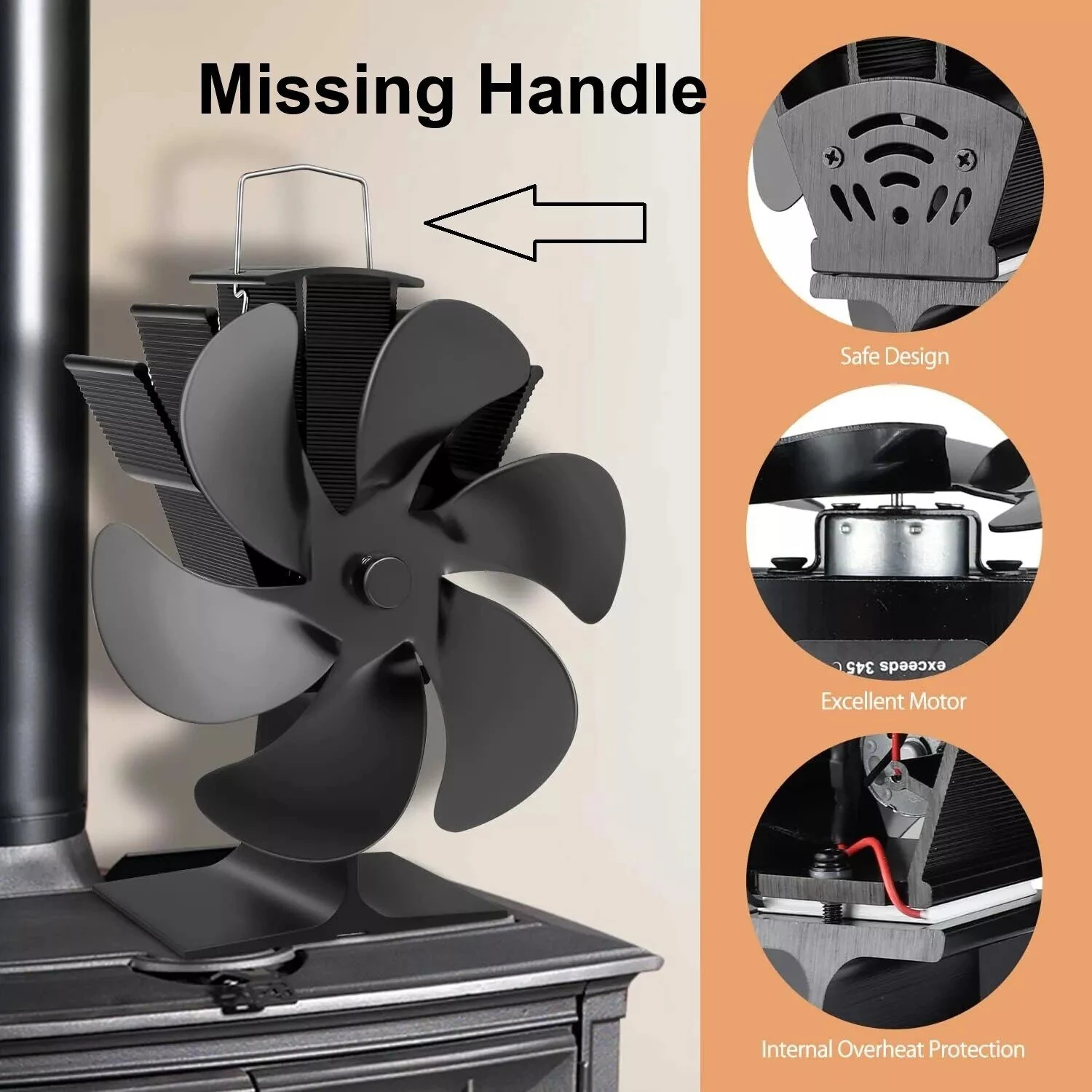 (image for) IPRee 6 Blades Heat Powered Stove Fan Black Fireplace Fan Log Wood Burner Eco-fan Quiet Home Fireplace Fan Efficient Heat Distribution